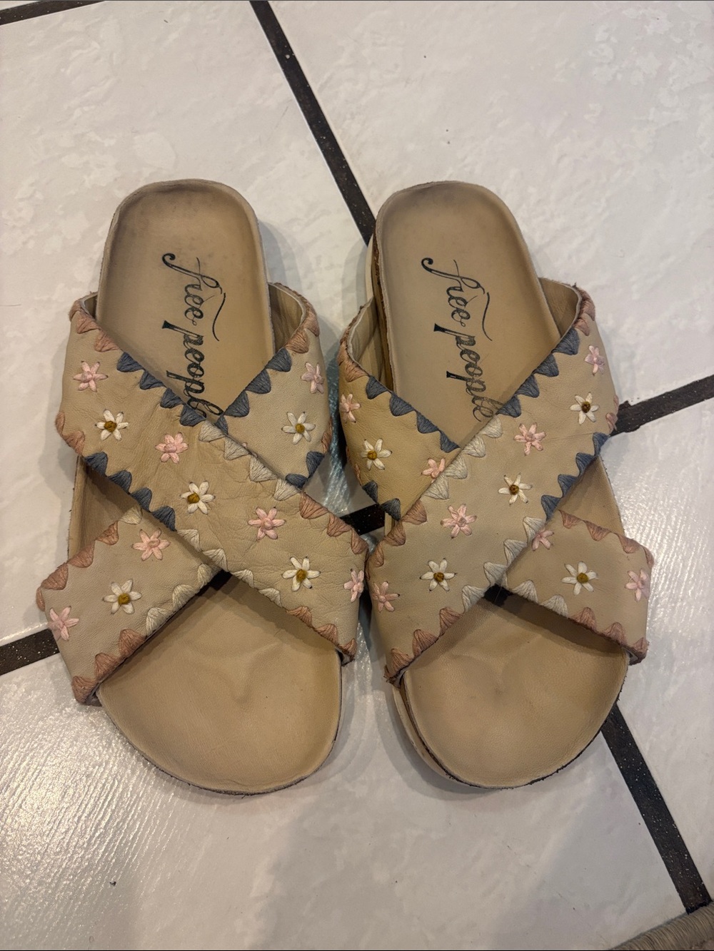 Free People Beige Embroidered Cross-Strap Slide Sandals